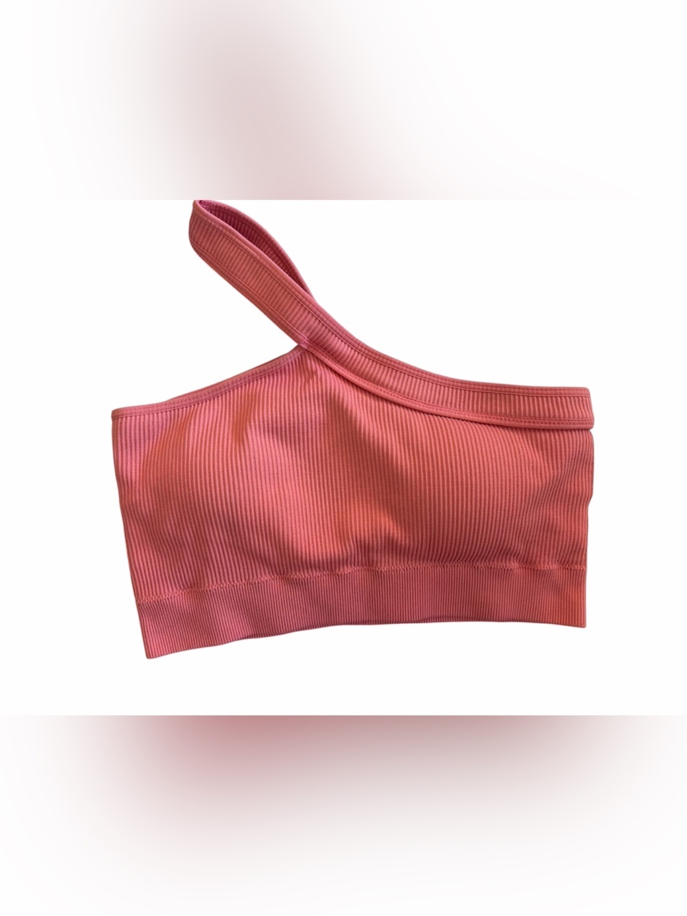 One-Shoulder Ribbed Sports Bra Crop Top - Coral Pink